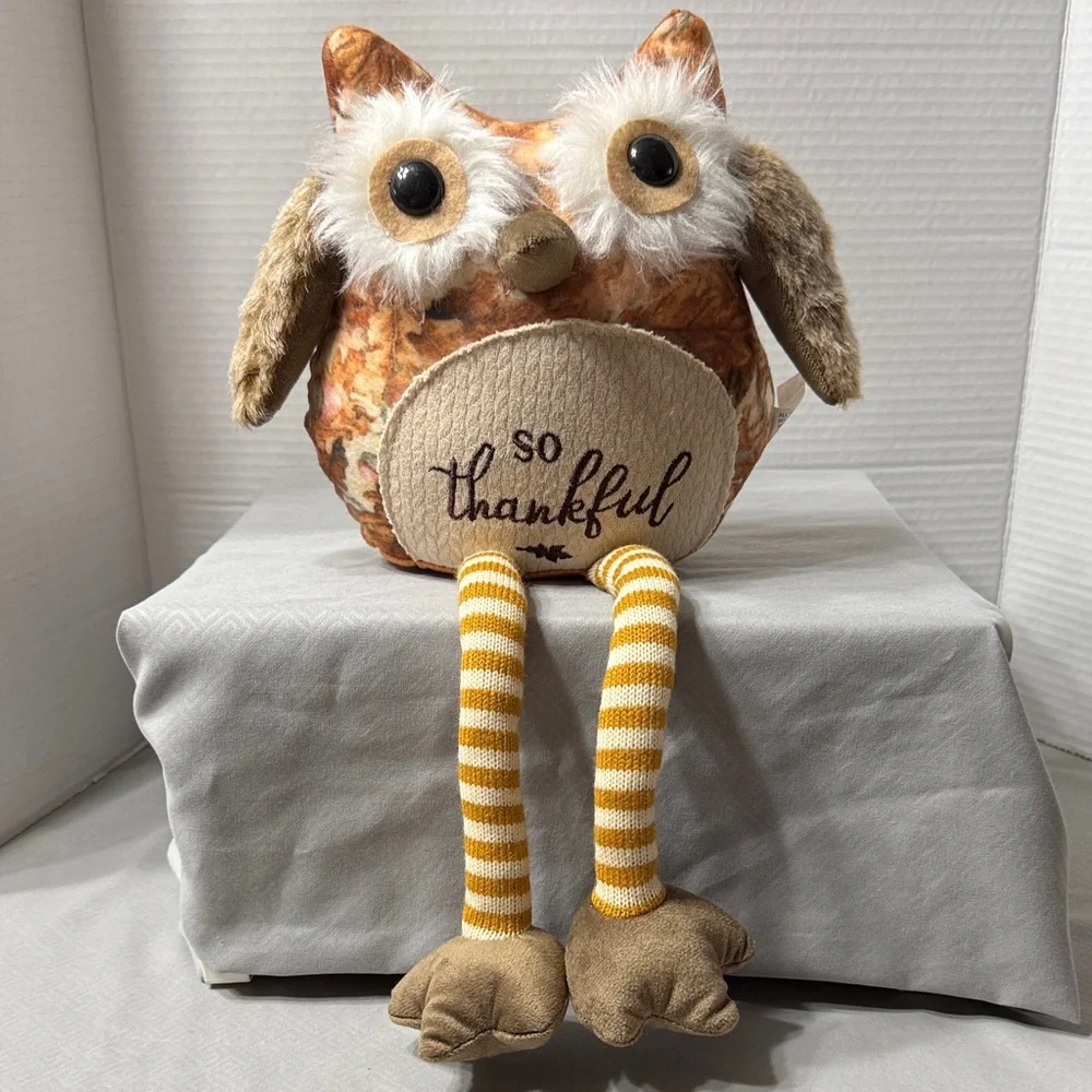 So Thankful Owl Plush Shelf Sitter with Striped Legs Big Eyes Furry Fall Colors